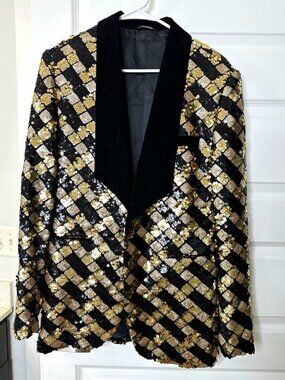 Saint Lorenzo Black Gold Checked Sequin Blazer Button Lined Men's M